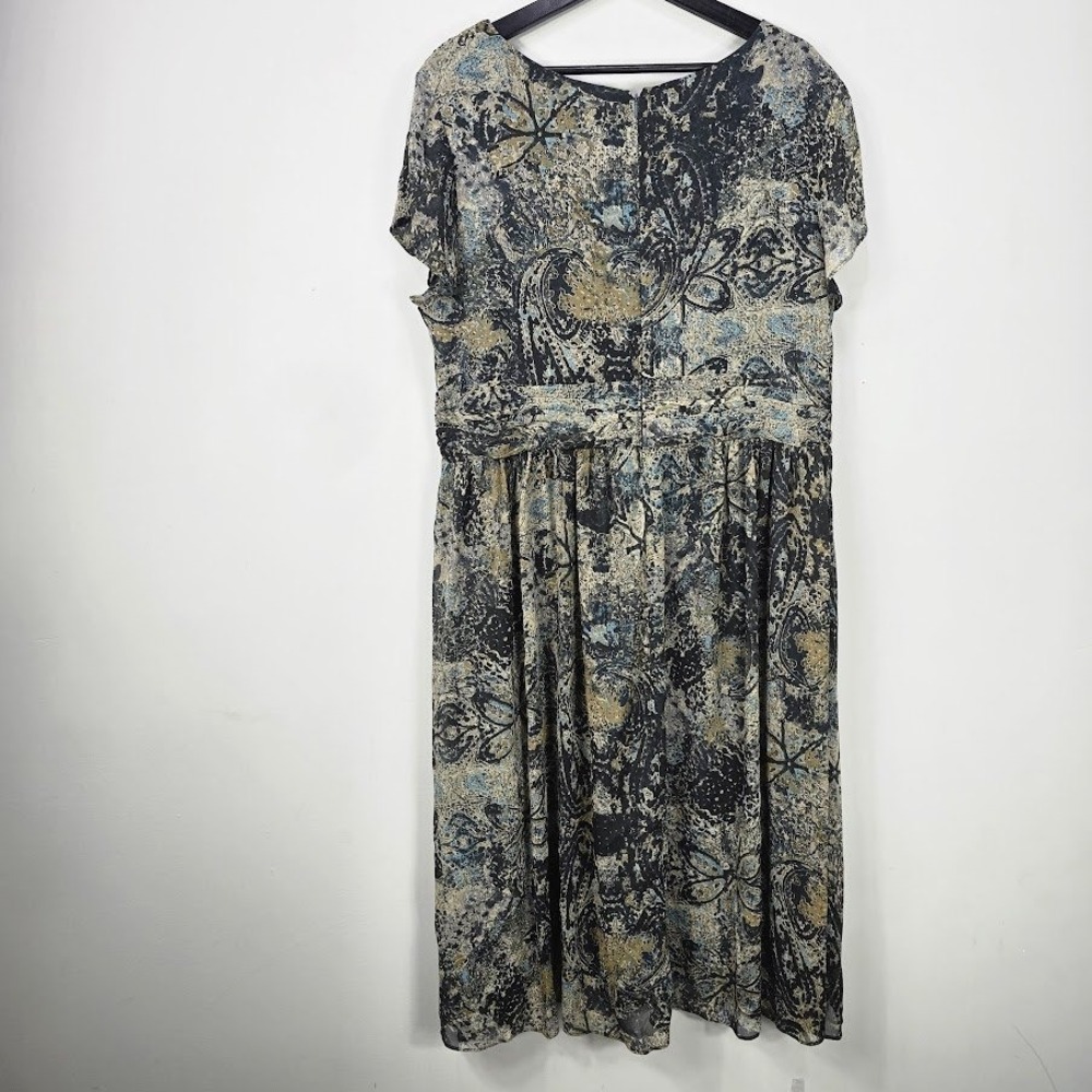 Coldwater Creek Midi Dress 18 Abstract V Neck Short Sleeve Gathered Waist Church - Picture 5 of 13